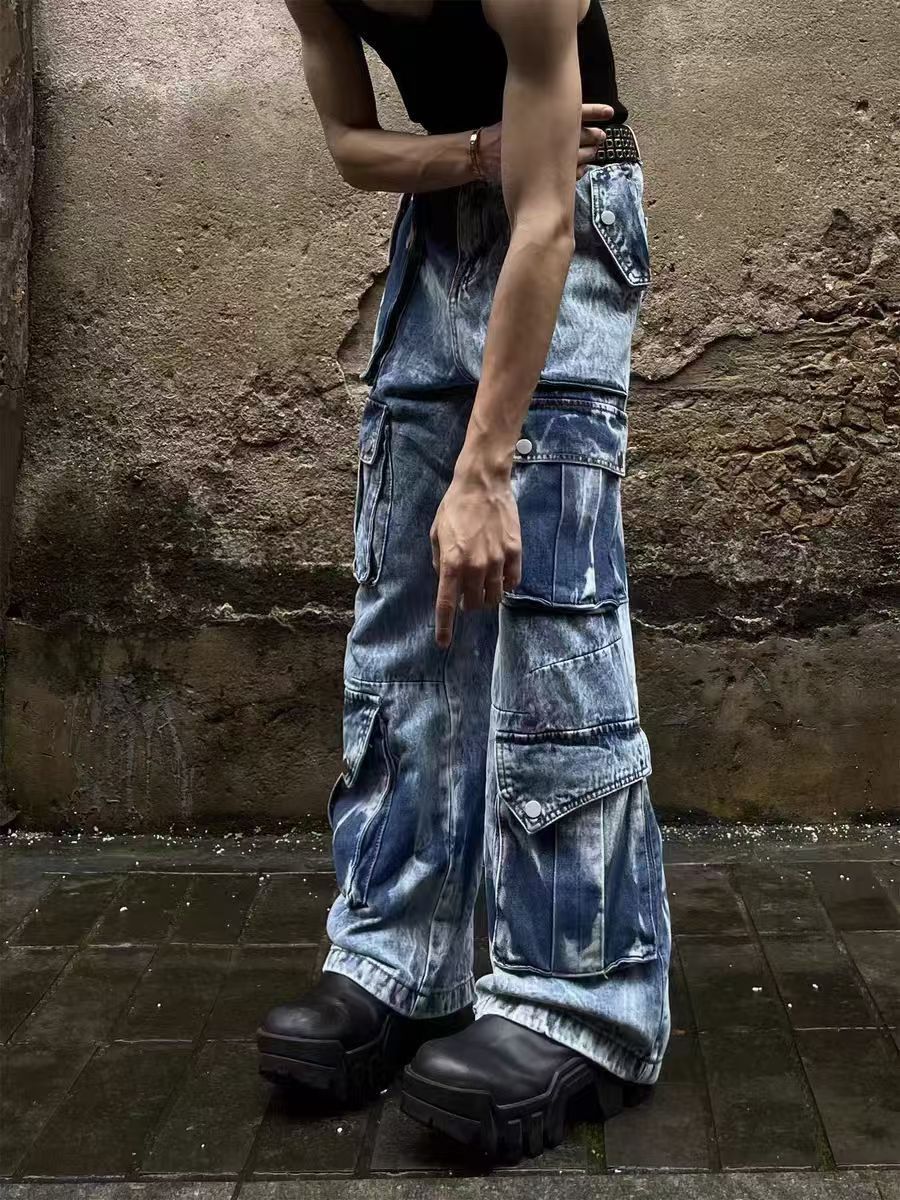 Vintage Multi-Pocket Tie-Dye Gradient Work Jeans