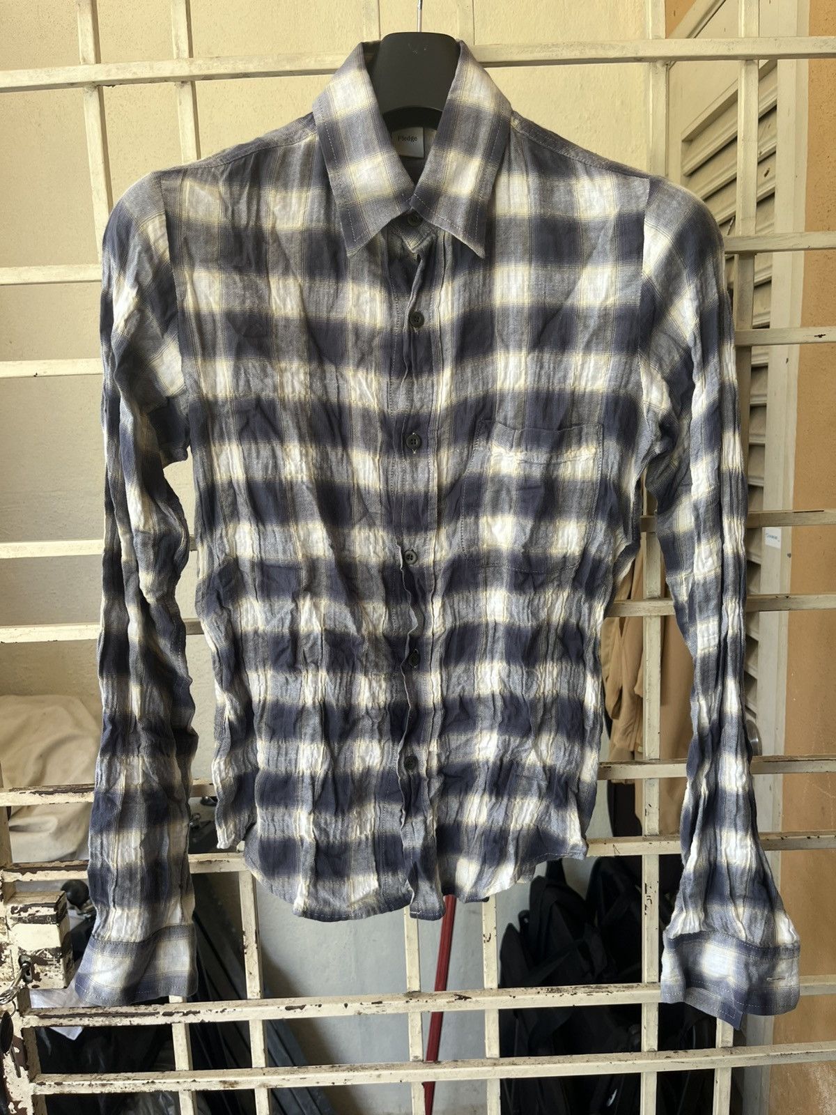 Japanese Brand × Pledge Plaid grey wrinkle shirt Size US S / EU 44-46 / 1 - 1 Thumbnail