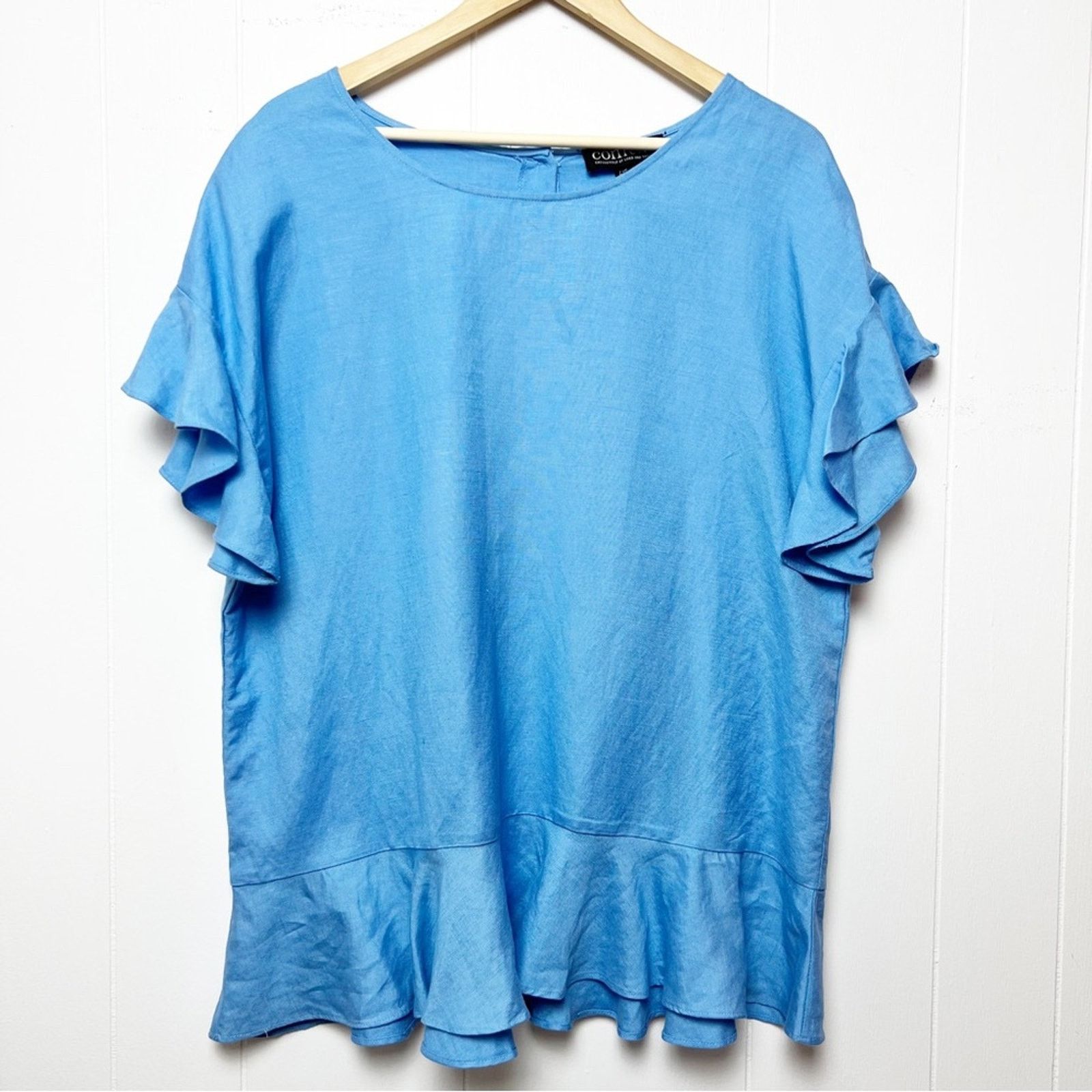 Lord & Taylor Blue Linen Blend Ruffle Sleeve Popover Blouse Size L Size L / US 10 / IT 46 - 1 Thumbnail