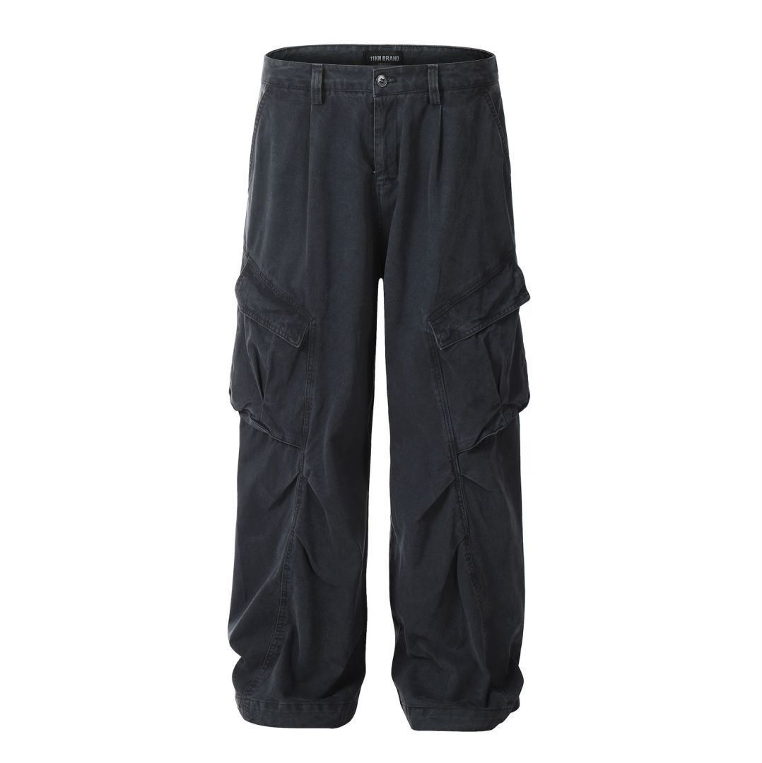 image of Cotton Cargo Pants Multi-Pocket Casual Wide-Leg Pants in Grey, Men's (Size 30)