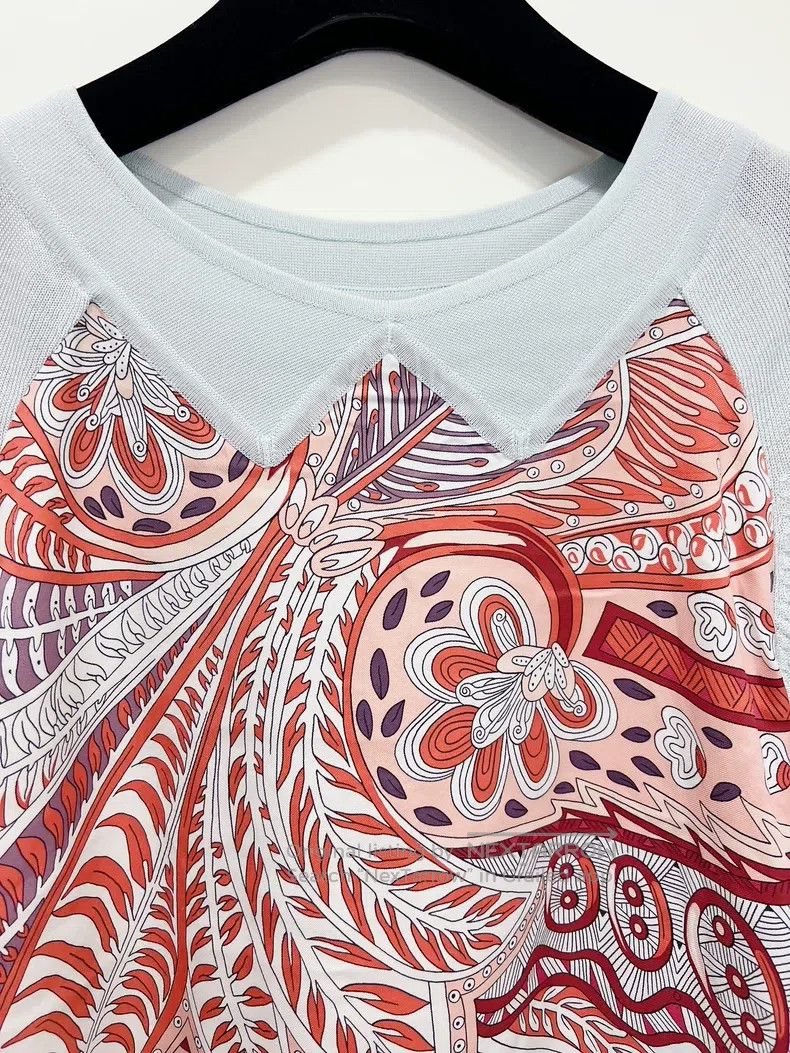 Hermes Hermes Blue Knit Silk Printed Mixed Short Sleeve T-Shirt Size S / US 4 / IT 40 - 4 Thumbnail