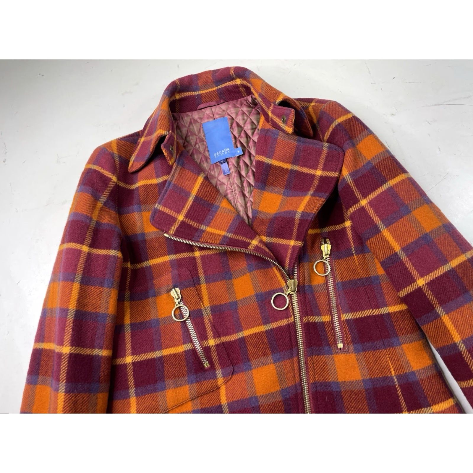 Escada ESCADA Plaid Wool Coat Moto Jacket Full Zip 100% Wool Orange Purple Multicolor Size 36 Women Size XS / US 0-2 / IT 36-38 - 2 Thumbnail