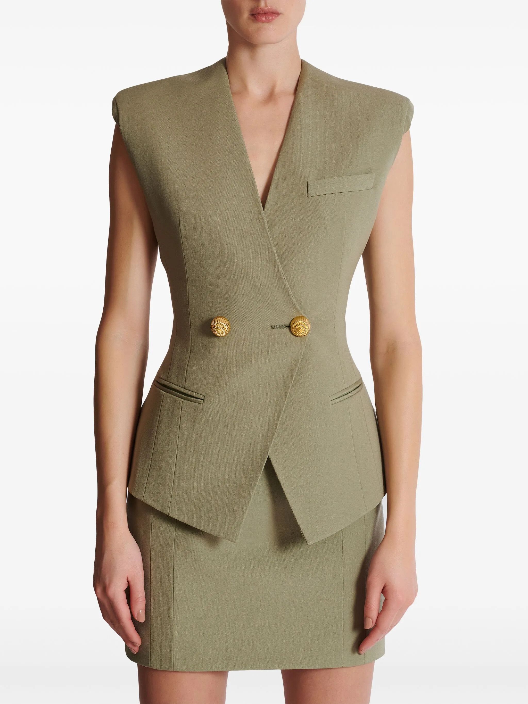 Balmain o1s1wg111025 Buttoned Grain De Poudre Waistcoat in Green Size S / US 4 / IT 40 - 5 Thumbnail