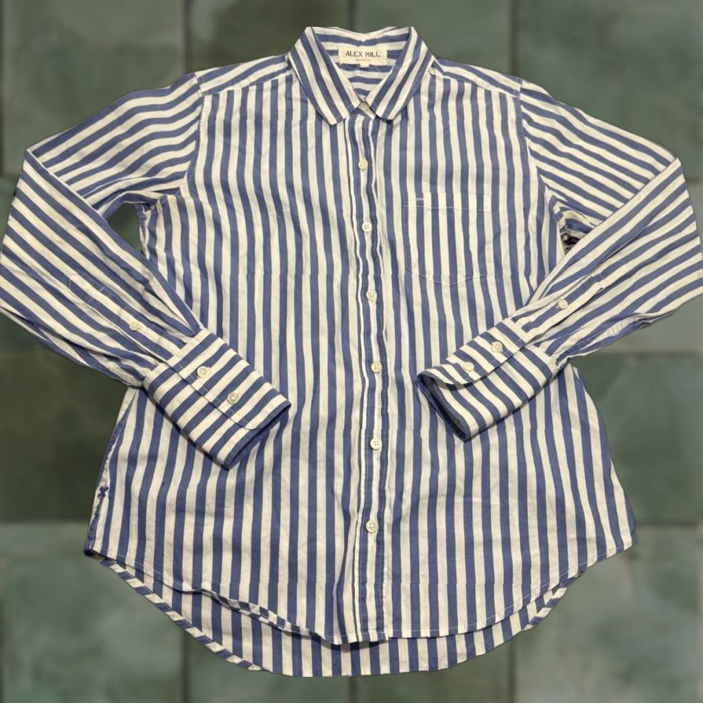 ALEX MILL Wash & Go Shirt Women's Large Blue White Striped Button-Up Cotton