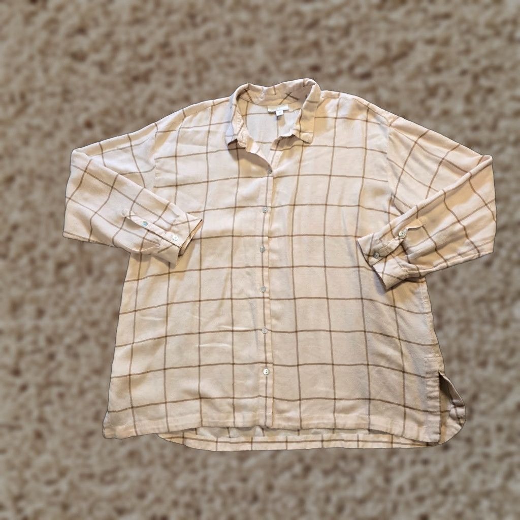 J. Jill J Jill Top Shirt Women L Beige Plaid Flannel Button Up Classic Casual Career Size L / US 10 / IT 46 - 1 Thumbnail