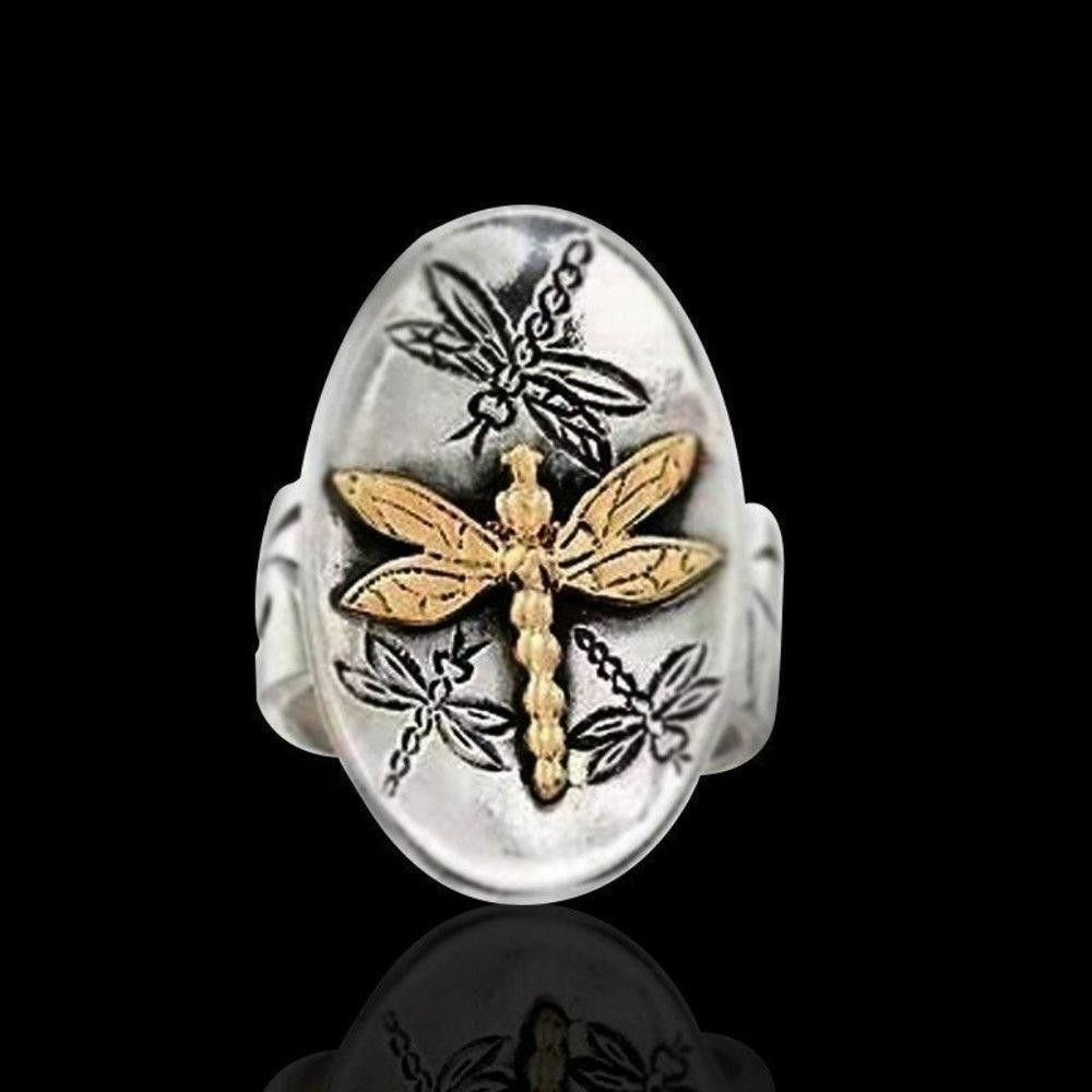 Designer Sterling Silver Oval Golden Dragonfly Signet Ring - Size 5 Size ONE SIZE - 5 Thumbnail