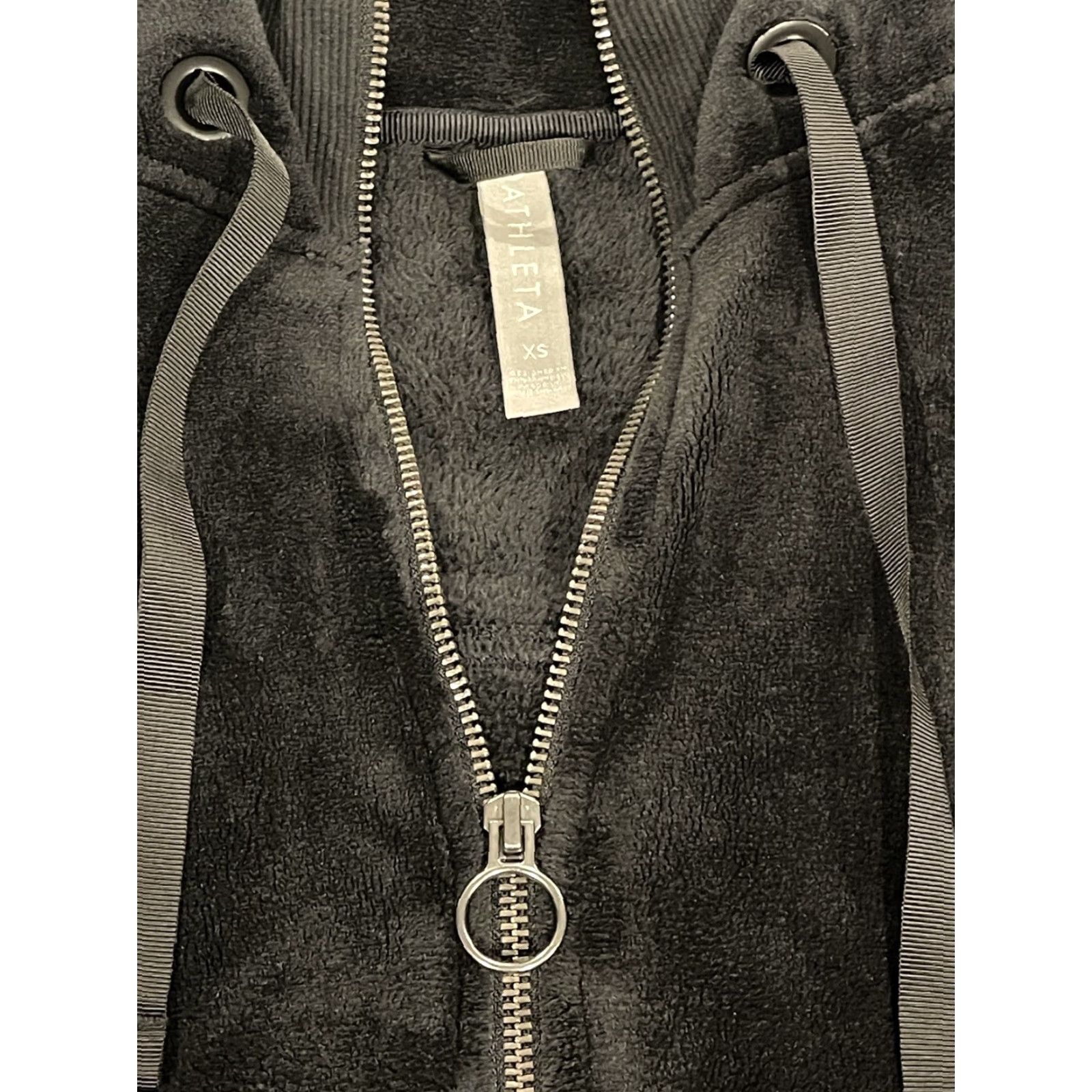Athleta Jacket Womens XS Black Full Zip Hooded Velour Comfort Casual All Seasons Outdoor Logo Zipper