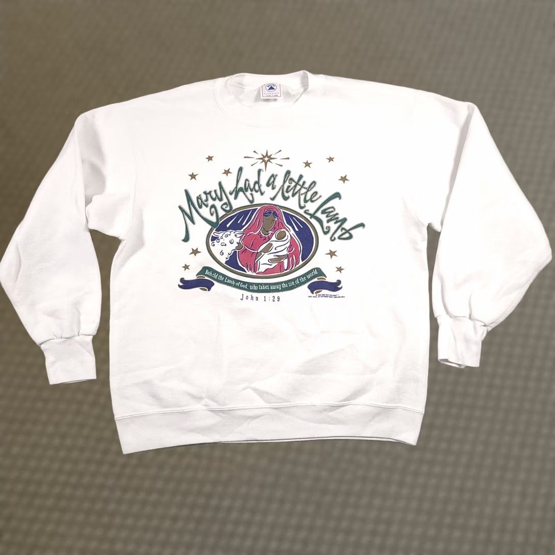 Delta VINTAGE 90s Mary Had a Little Lamb Sweatshirt Unisex Adults Large Crew Neck Religion Graphic Print White Cotton Polyester Fleece Pullover USA 90s Size US L / EU 52-54 / 3 - 1 Thumbnail