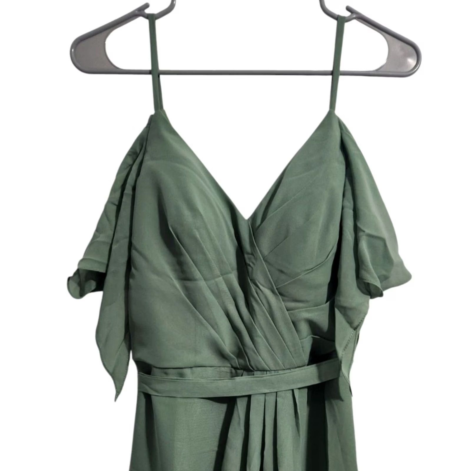 Vintage JJs House Womens Dress Maxi A-Line Chiffon Belted 10 Green Wedding V-Neck Sleeveless Ruffle Long 60" Keynote: Belted, Lined, Solid Size L / US 10 / IT 46 - 3 Thumbnail