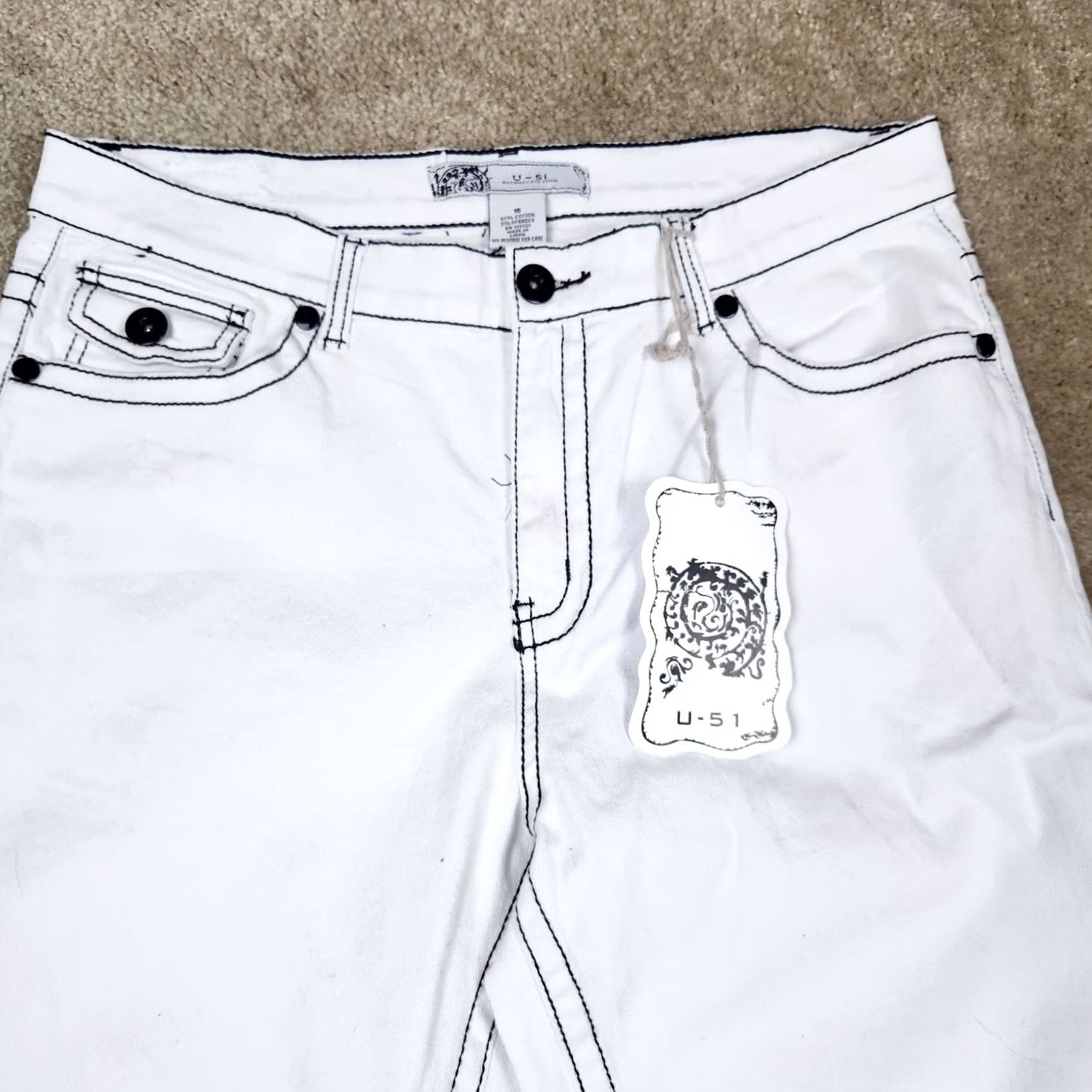 Denime U-51 Denim Jeans White Deluxe Size 16 Thick Stitch Black Belt Loops Zip Accents Button Logo Regular Fit Womens Size 38" / US 16 / IT 52 - 3 Thumbnail
