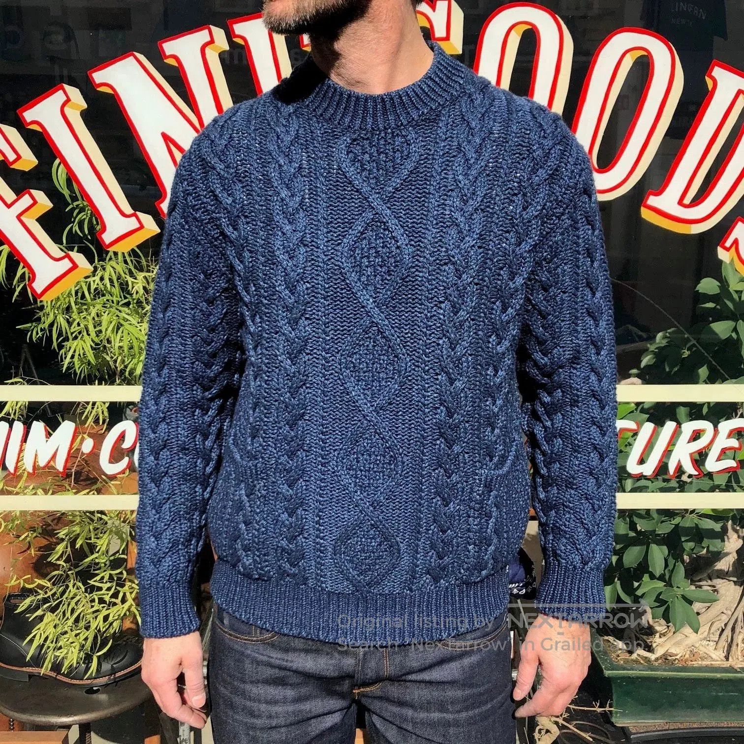 indigo aran crewneck sweater and hat set.