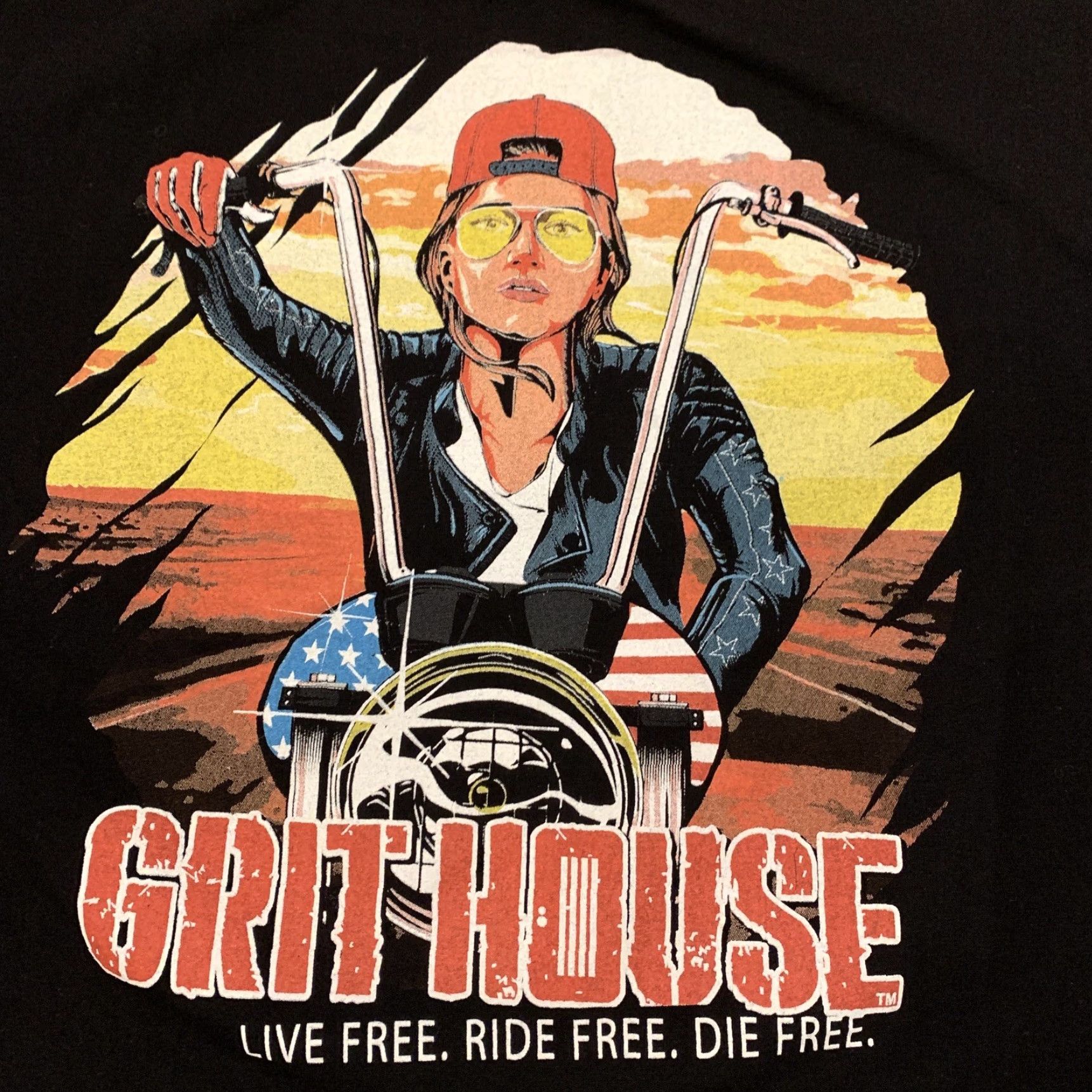 Olive VINTAGE The Grit House T Shirt Patriotic Woman on Motorcycle Live Free Ride Free Black XL Mens Size US XL / EU 56 / 4 - 2 Thumbnail