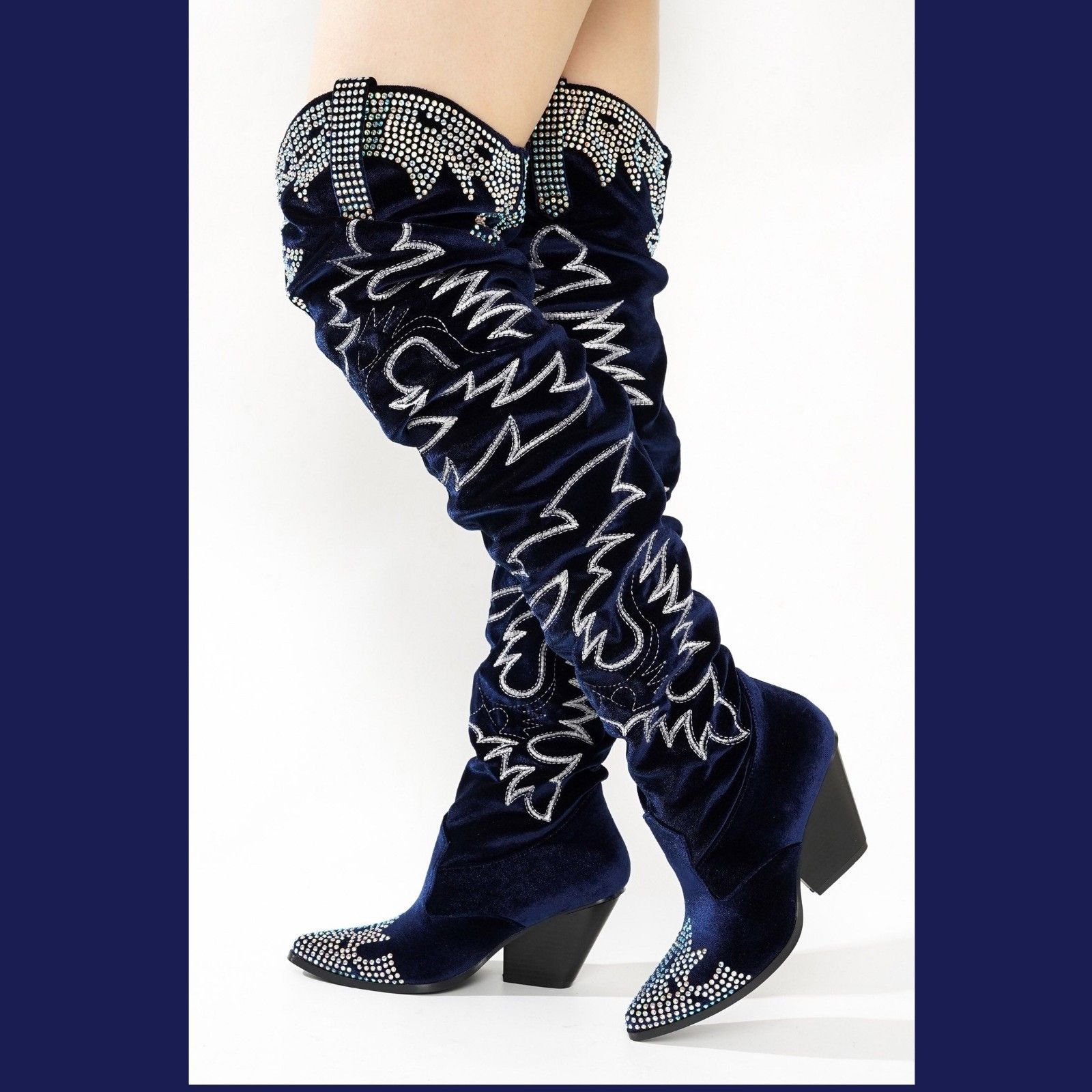 Other Delish Blue Velvet Western Slouch OTK Thigh High Cowboy Boot Size US 8 / IT 38 - 9 Thumbnail