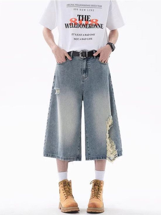Vintage Men's Retro Blue High-Waisted Distressed Denim Shorts Size US 32 / EU 48 - 1 Thumbnail