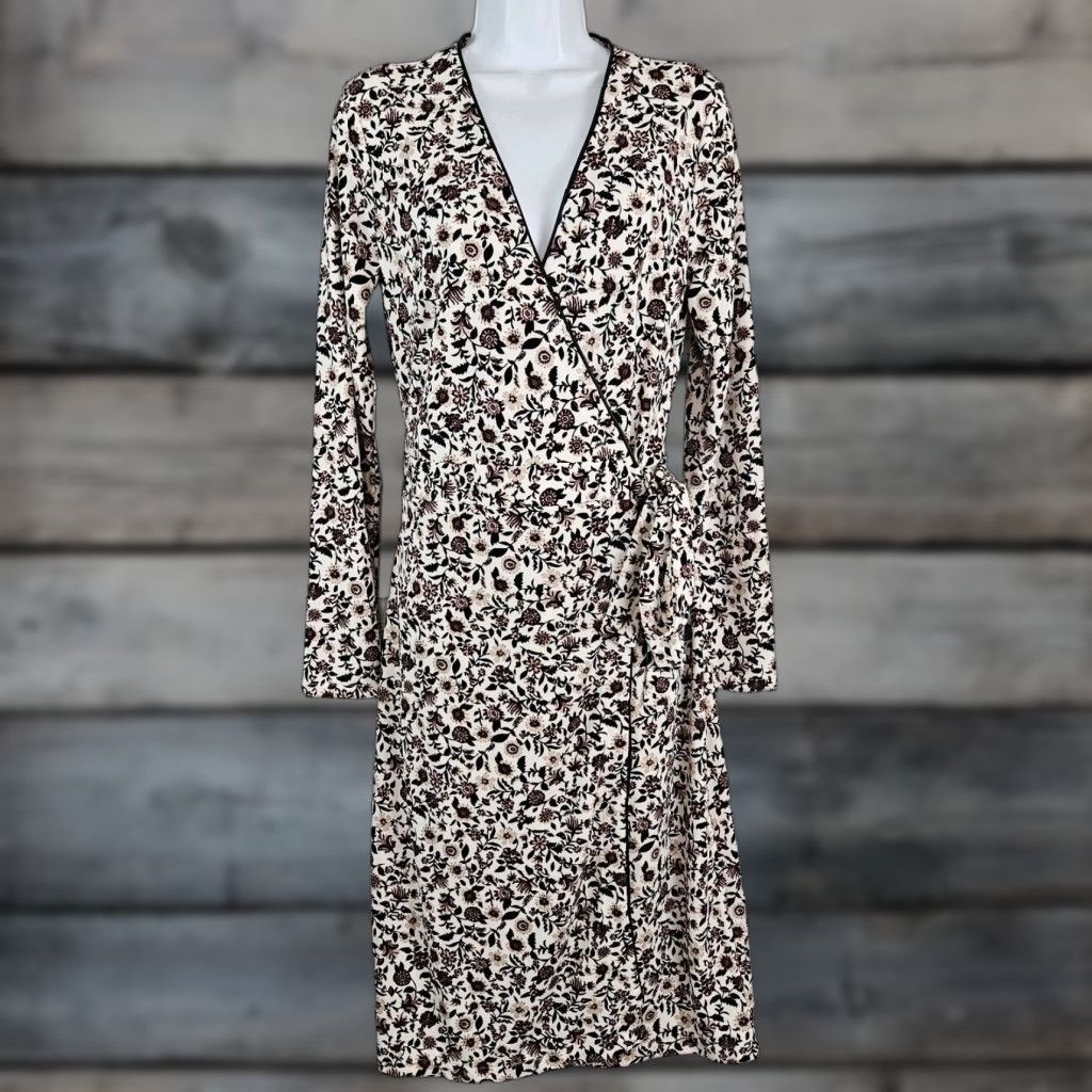Ann Taylor Wrap Dress Womens Midi Size M Black Burgundy Floral Long Sleeve  - wpequipmentugltd.com