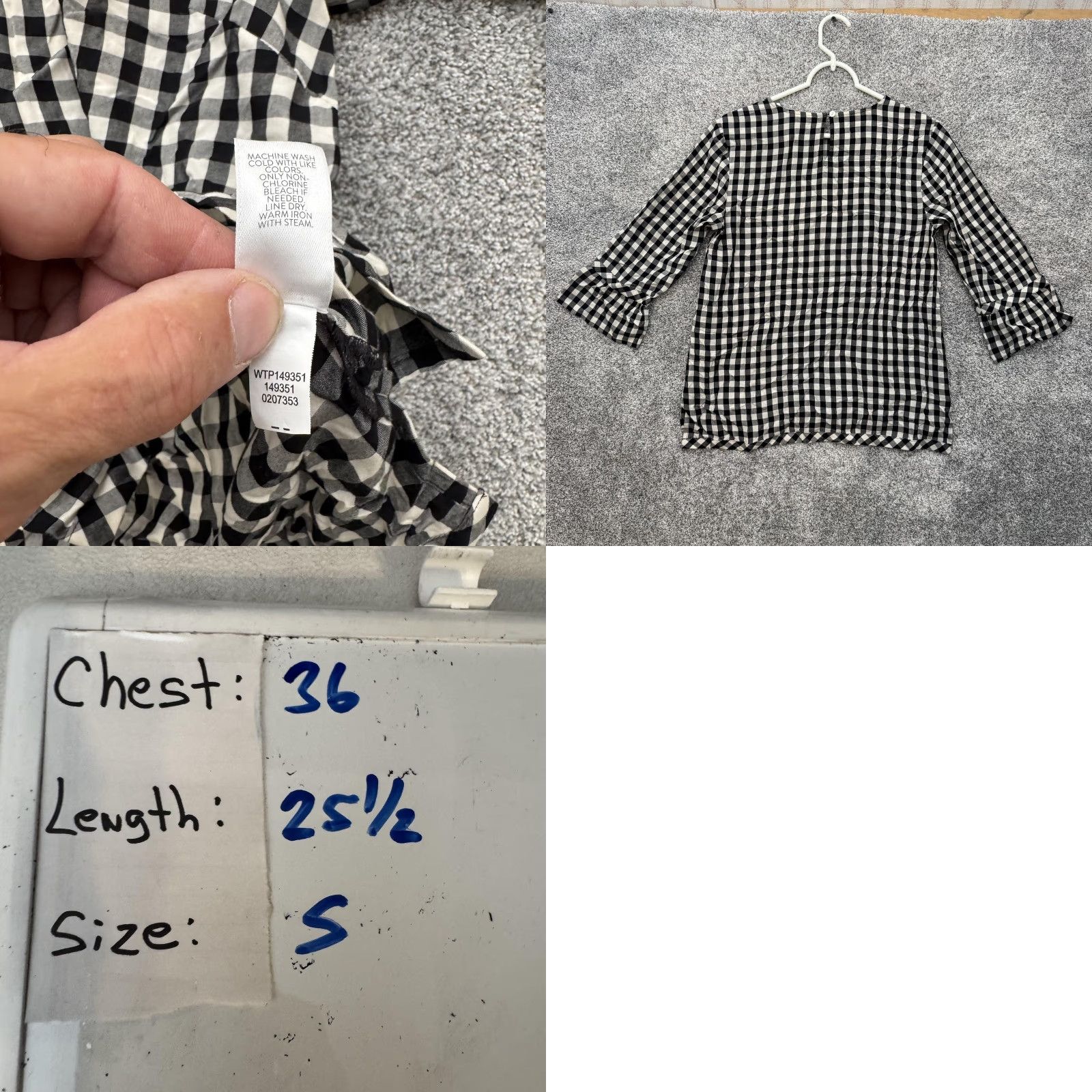 J. Jill J Jill Top Small Black White Gingham Check Ruffle Sleeve Prairie Cottagecore Blouse Bell Sleeve Crew Neck 3/4 Sleeve Women S Rayon Size S / US 4 / IT 40 - 8 Thumbnail