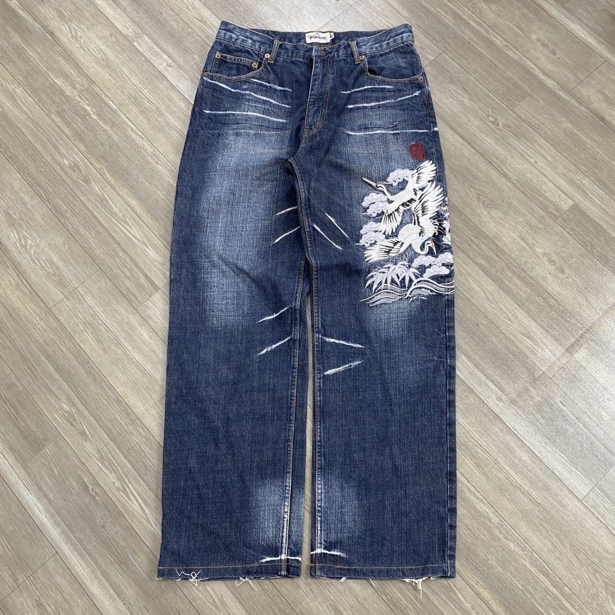Karakuri Tamashii Vintage Karakuri Tamashii Phoenix Bird Embroidered Jeans Size US 33 - 1 Thumbnail