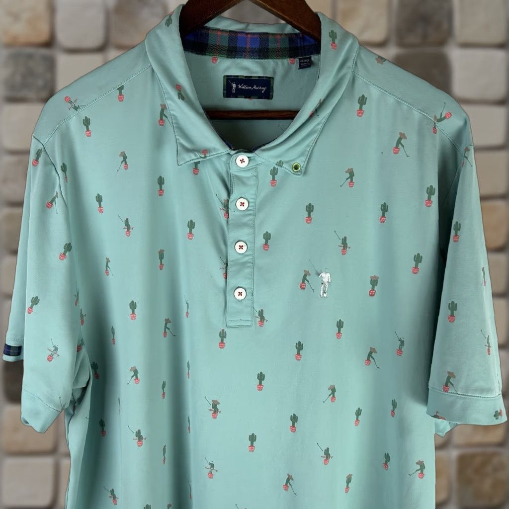 Vintage William Murray Golf Polo Shirt Men XL Mint Cactus Print Short Sleeve Button-Up Spread Collar Tropical, Breathable, Pockets, Graphic Print Size US XL / EU 56 / 4 - 1 Thumbnail