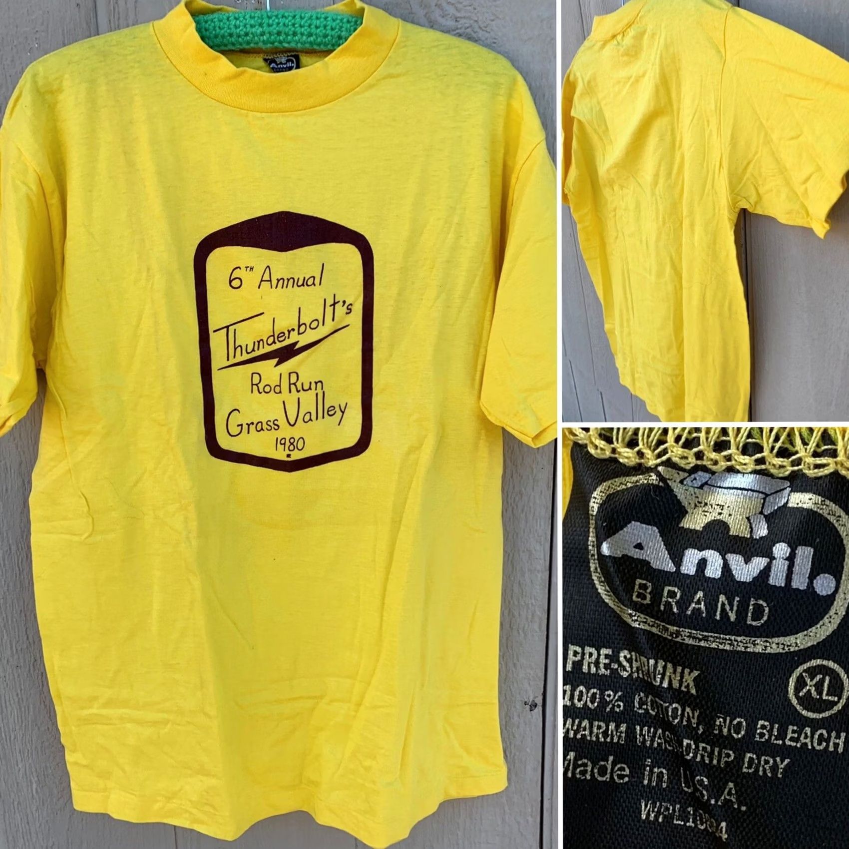 Anvil VINTAGE 6th Annual Thunderbolts Rod Run Grass Valley 1980 T-Shirt XL 80s Yellow Anvil Unisex Graphic Tee Size US XL / EU 56 / 4 - 2 Thumbnail