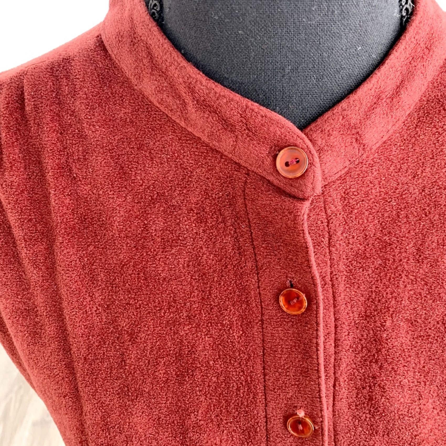 Velour VINTAGE 70s Rust Velour Cap Sleeve Dress Twee Mandarin Collar Fit Flare Sheath M/L Red Womens Size M / US 6-8 / IT 42-44 - 3 Thumbnail