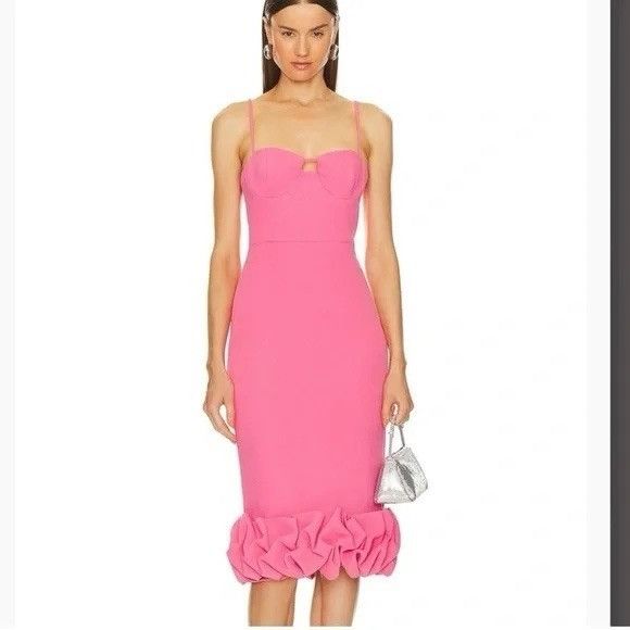 NBD Revolve Womens Midi Dress Hot Pink Roja Ruffles Size XXS