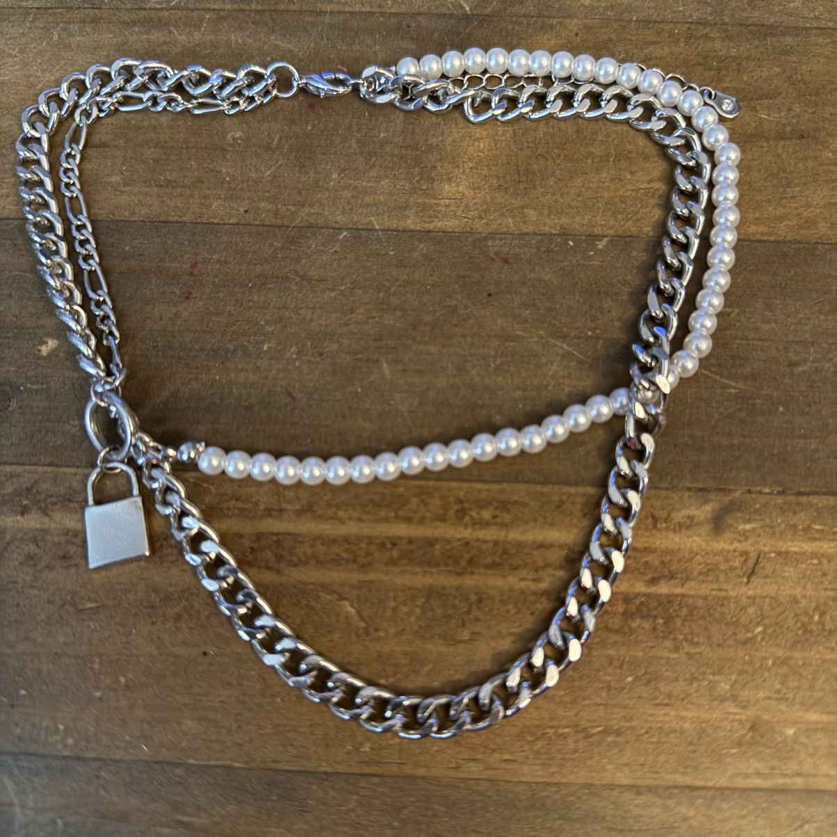 Other Layered silver tone chain and pearl padlock necklace Size ONE SIZE - 2 Thumbnail