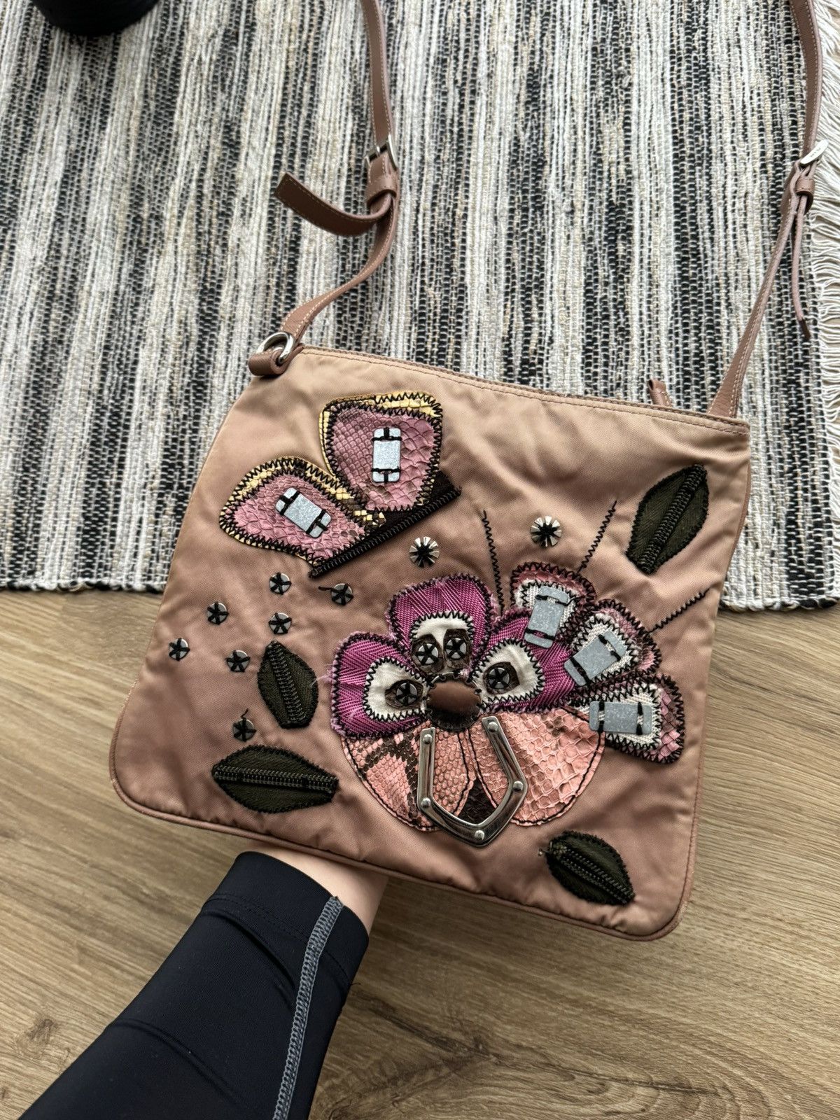 Prada PRADA Nylon Shoulder Bag Floral Applications Triangle Logo Size ONE SIZE - 3 Thumbnail