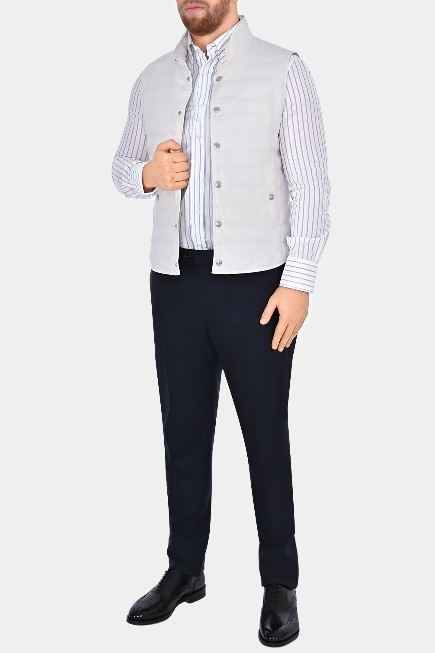 Brunello Cucinelli o1w1db10725 Slim Fit Shirt in White/Navy Blue Size US M / EU 48-50 / 2 - 5 Thumbnail
