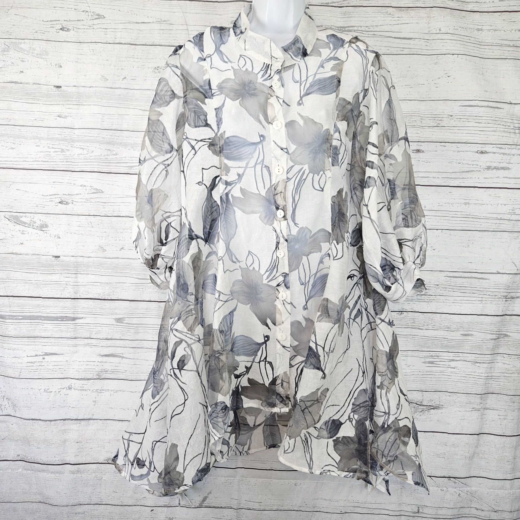 Vintage IC by Connie K Jacket Womens Button Up Sz Medium White Gray Floral Sheer Size M / US 6-8 / IT 42-44 - 2 Thumbnail