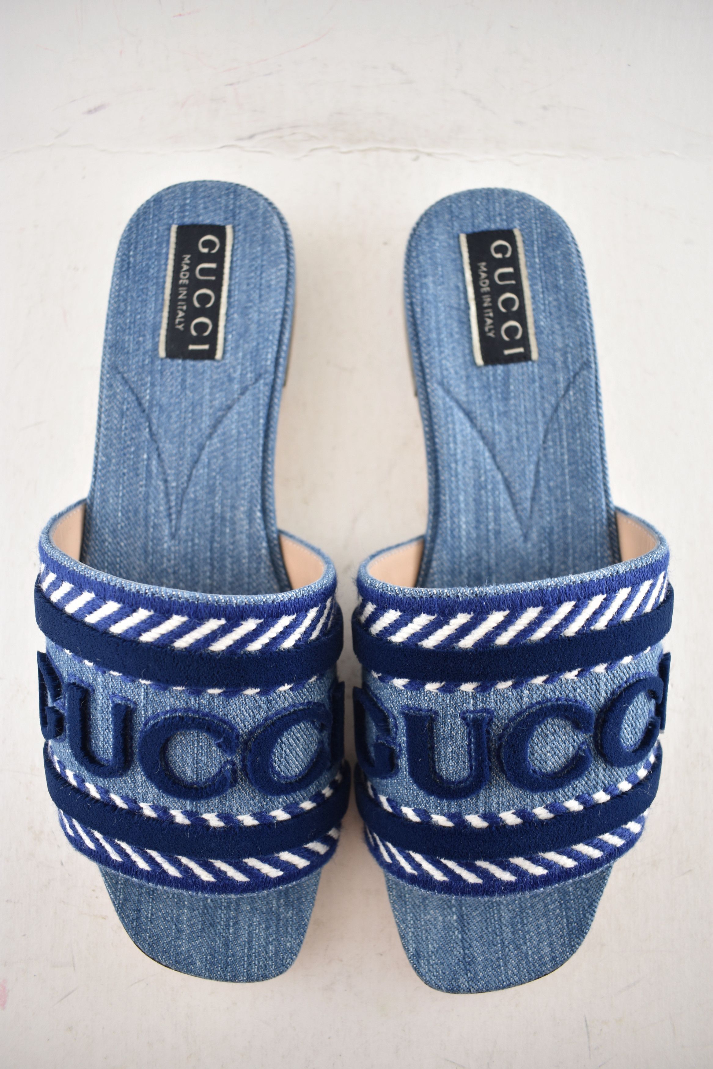 Gucci Gucci Jane Blue Denim Velvet Logo Mule Flat Slide Sandal 37 Size US 7 / IT 37 - 12 Thumbnail