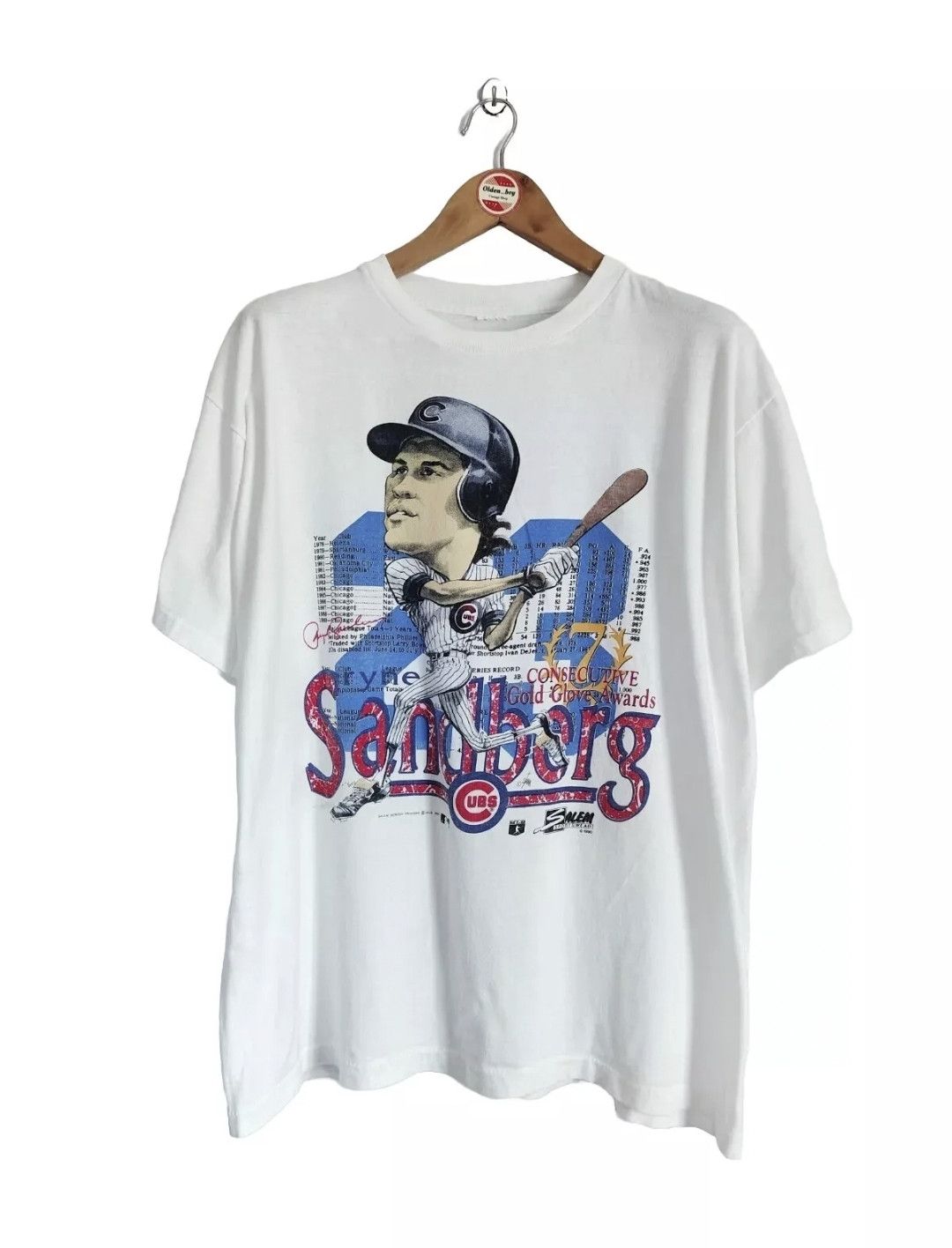 image of Mlb x Salem Sportswear Vintage Ryne Sandberg "gold Glove Awards" Caricature T-Shirt in White (Size 