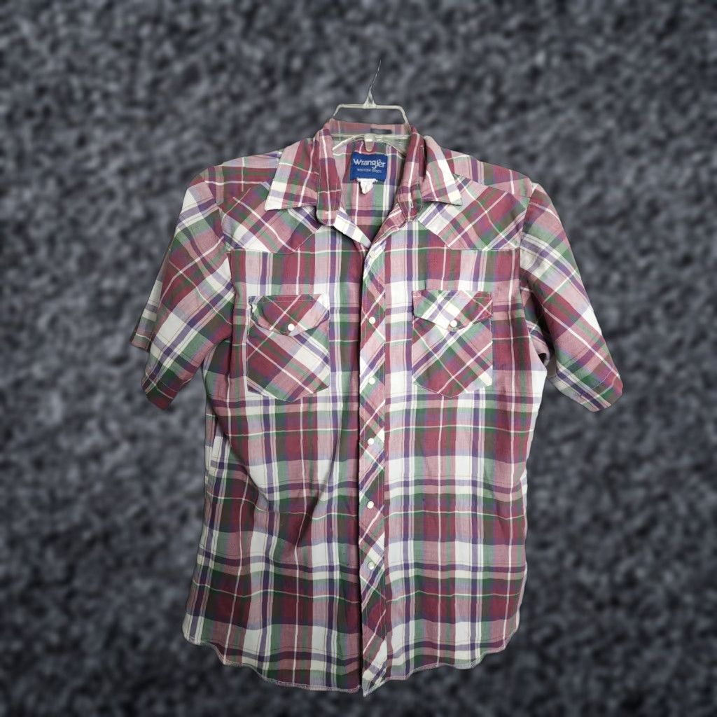 Wrangler VINTAGE Wrangler Mens L Red Ivory Plaid Western Short Sleeve Pearl Snap Shirt Distressed Size US L / EU 52-54 / 3 - 1 Thumbnail