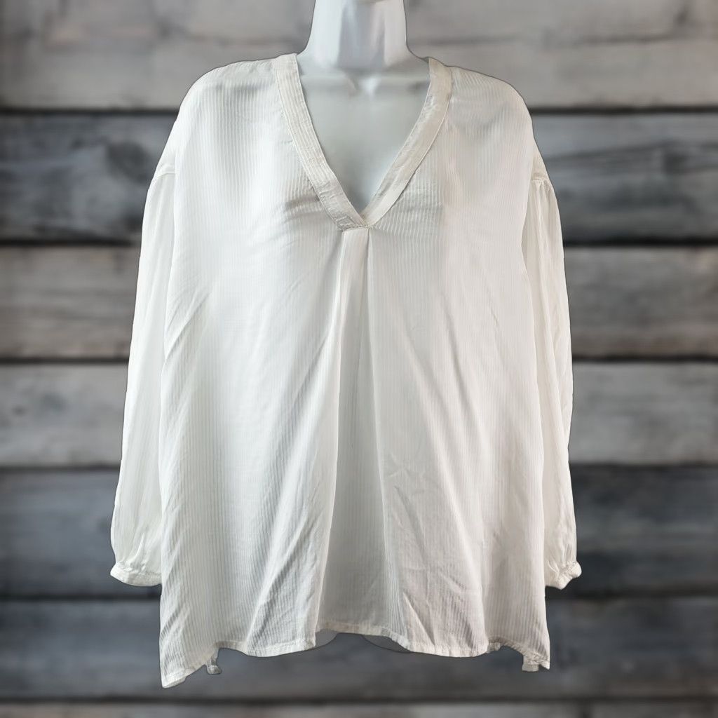 Treasure & Bond Treasure & Bond Womens Popover Blouse Shirt L White Stripe V-Neck Sheer Viscose Size L / US 10 / IT 46 - 1 Thumbnail