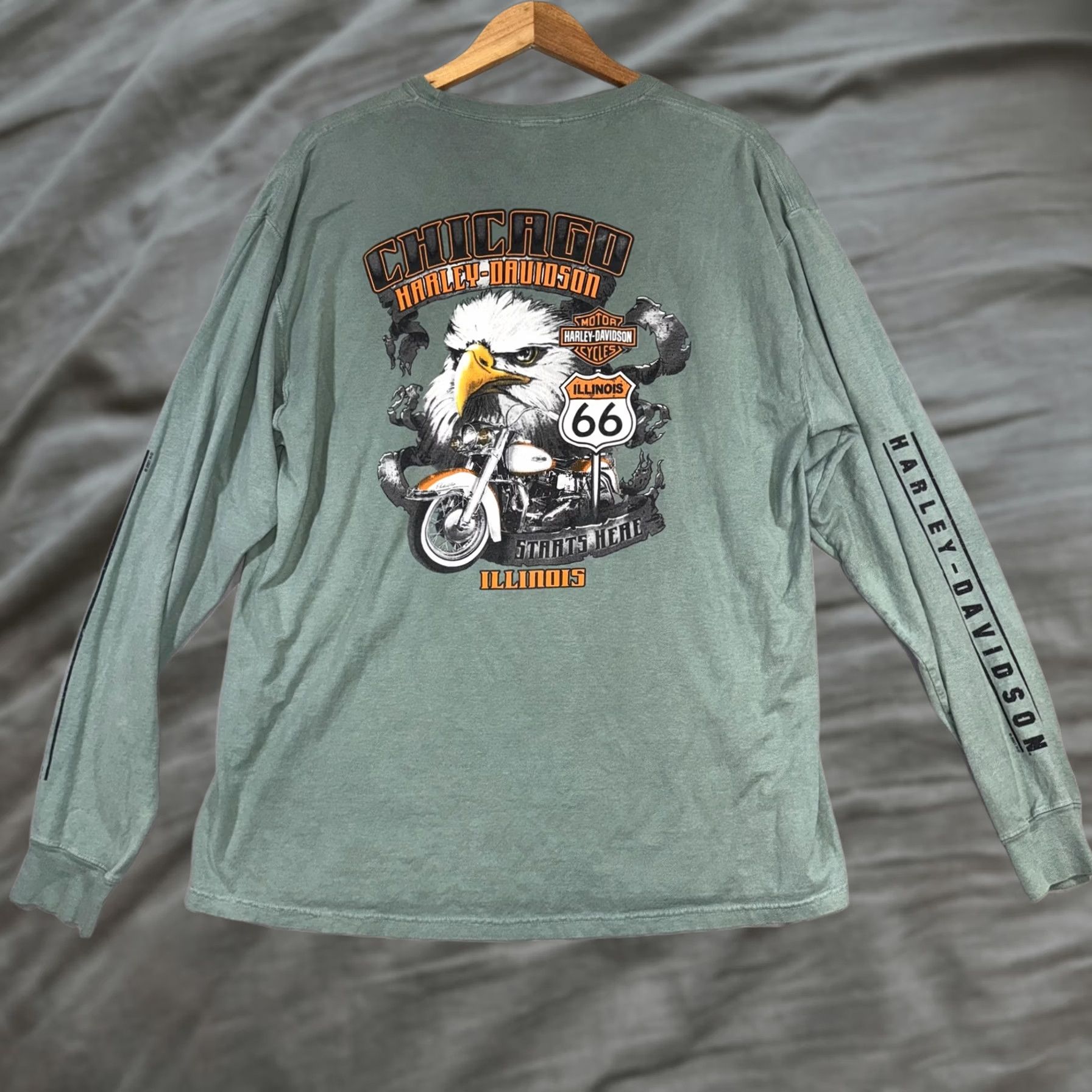 Harley Davidson Harley-Davidson Shirt Mens XL Green Long Sleeve Chicago Route 66 Eagle Graphic Size US XL / EU 56 / 4 - 1 Thumbnail