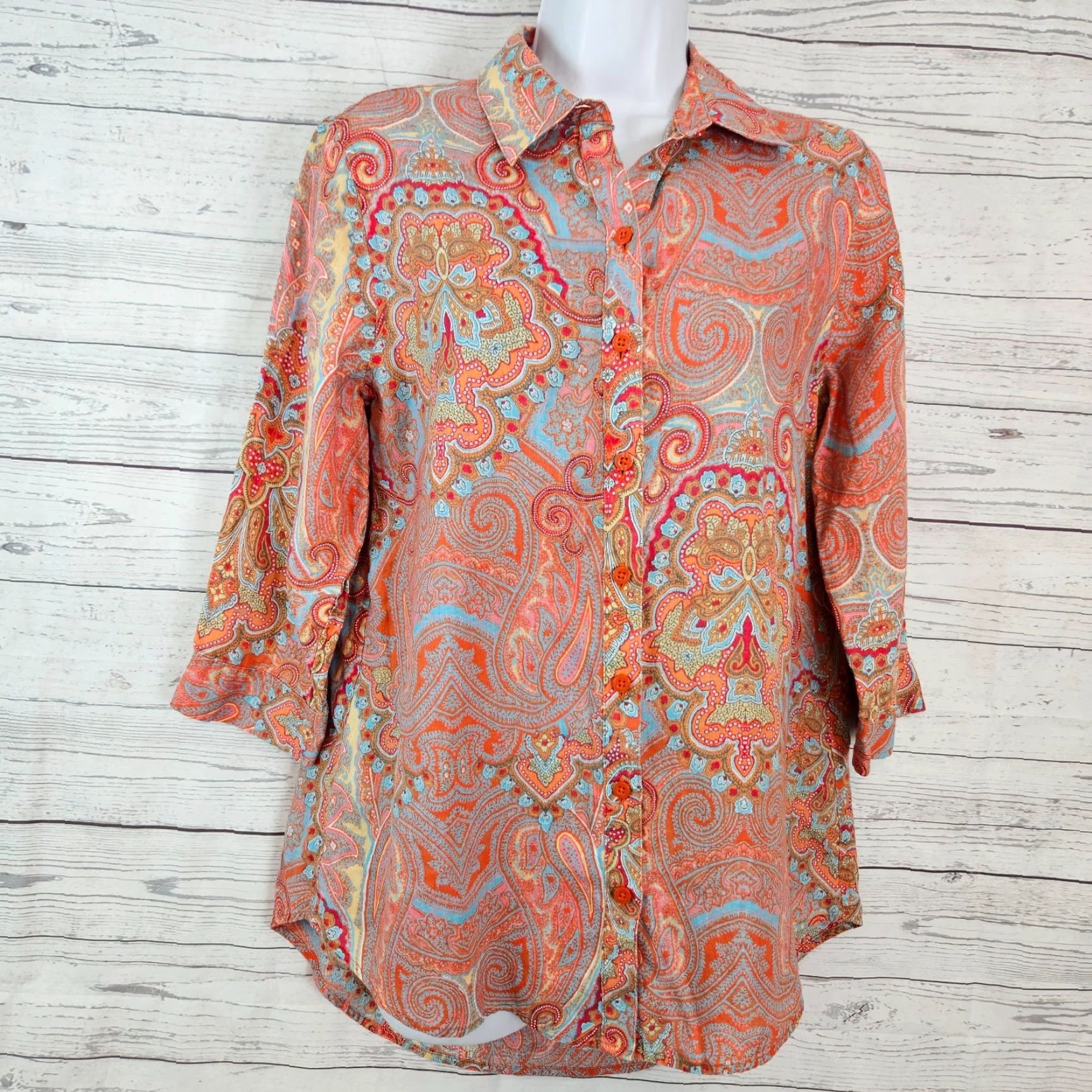 Vintage Chico's Womens Button-Up Linen Top Sz Small Orange Blue Paisley Shirt Adult Womens 3/4 Sleeve No Iron Button Up Collared Basic Spring Summer Size S / US 4 / IT 40 - 2 Thumbnail