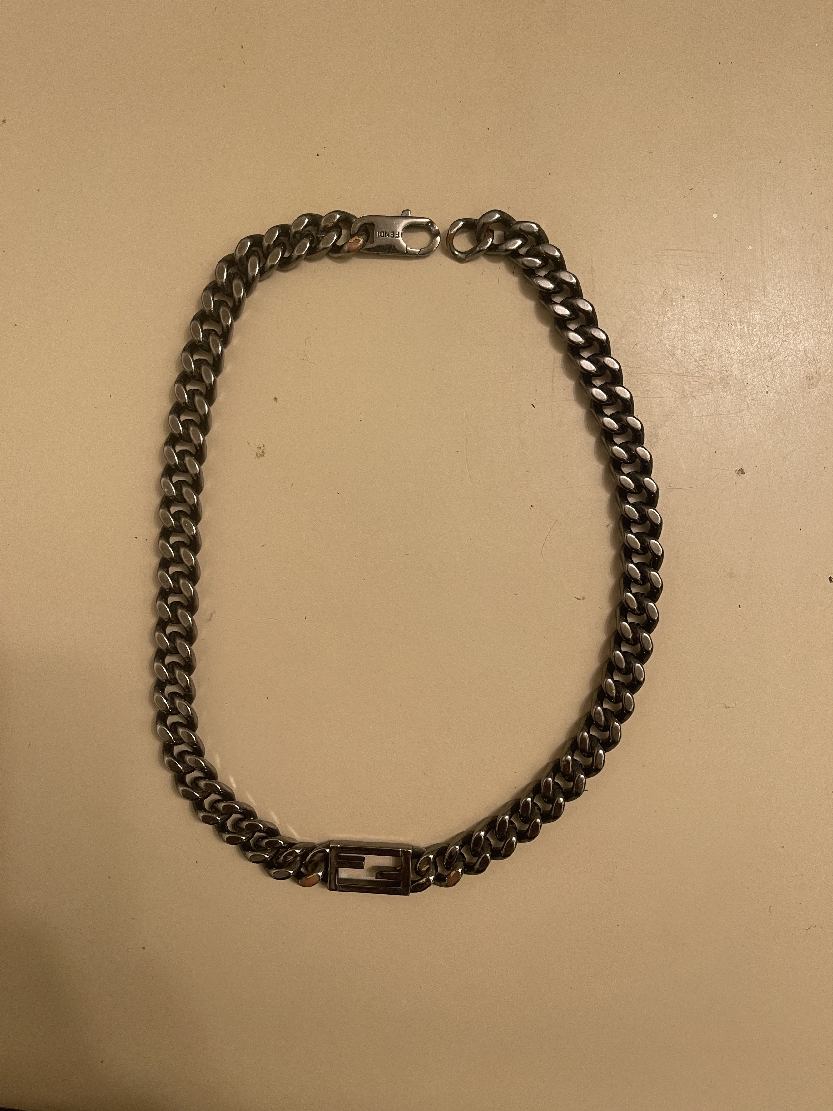 image of Fendi Baguette Necklace Oxidized Silver-Coloured Necklace, Men's