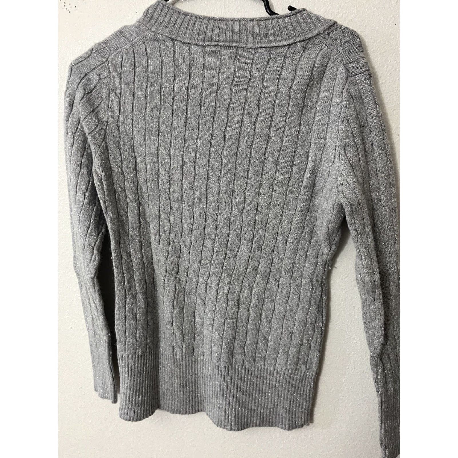 Loft LOFT Sweater V-Neck Cable Knit Gray L Glitter Silver Sparkle Holiday Pullover Women Classic All Seasons Winter Fall Size L / US 10 / IT 46 - 3 Thumbnail