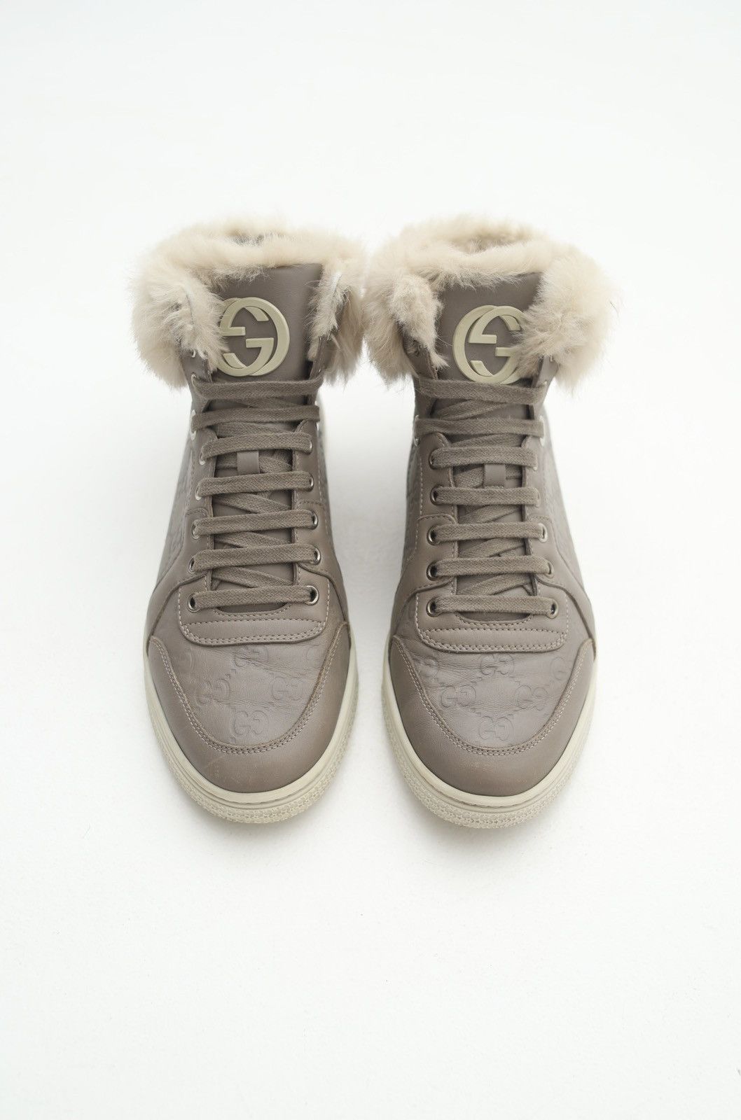 GUCCI Sneakers Leather Shoes GG Logo Guccissima Fur Trim