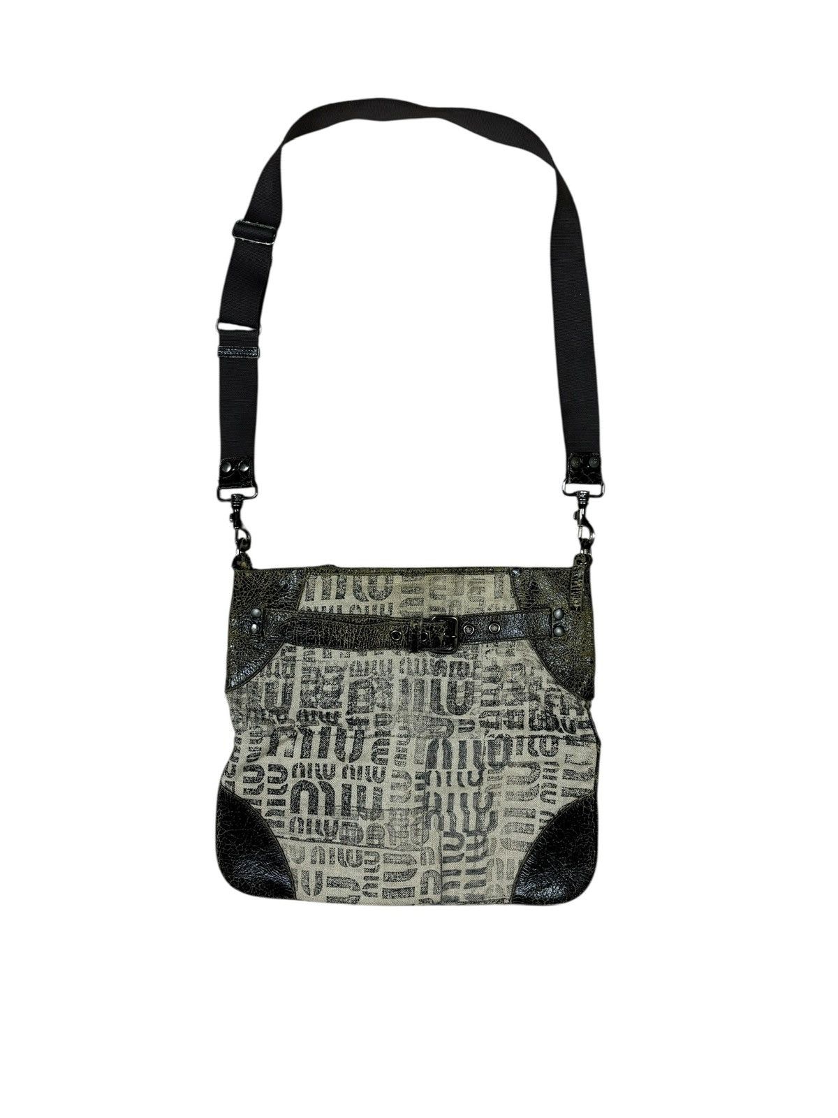 Miu Miu Miu Miu Logo Canvas & Crackled Leather Shoulder Bag Size ONE SIZE - 1 Thumbnail