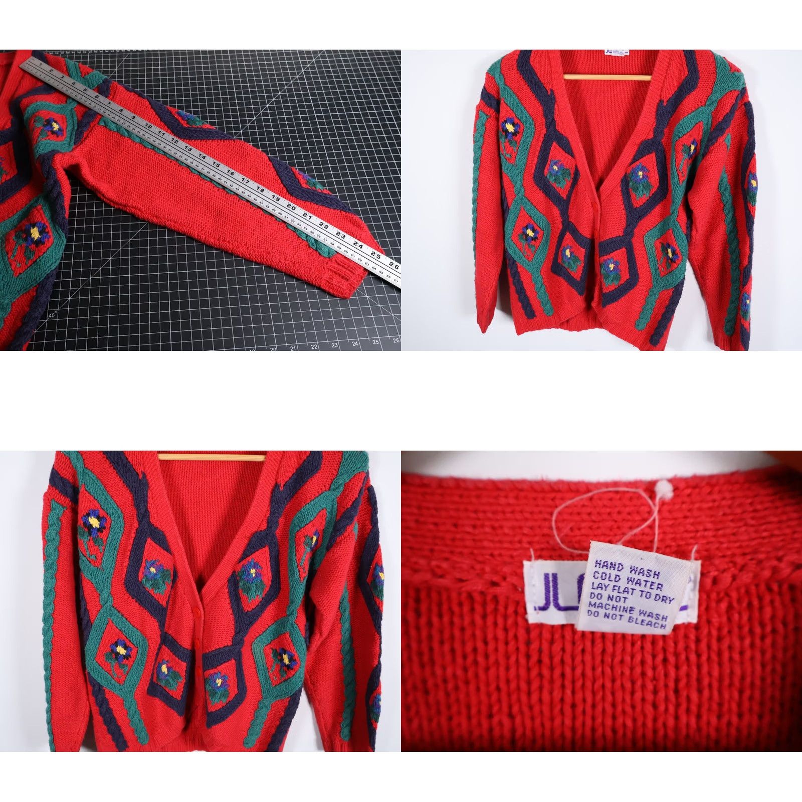 Vintage VINTAGE 90s Floral Cardigan Women's Small Red Chunky Knit Sweater JL Plum Crew Neck Long Sleeve Embroidered Size S / US 4 / IT 40 - 8 Thumbnail
