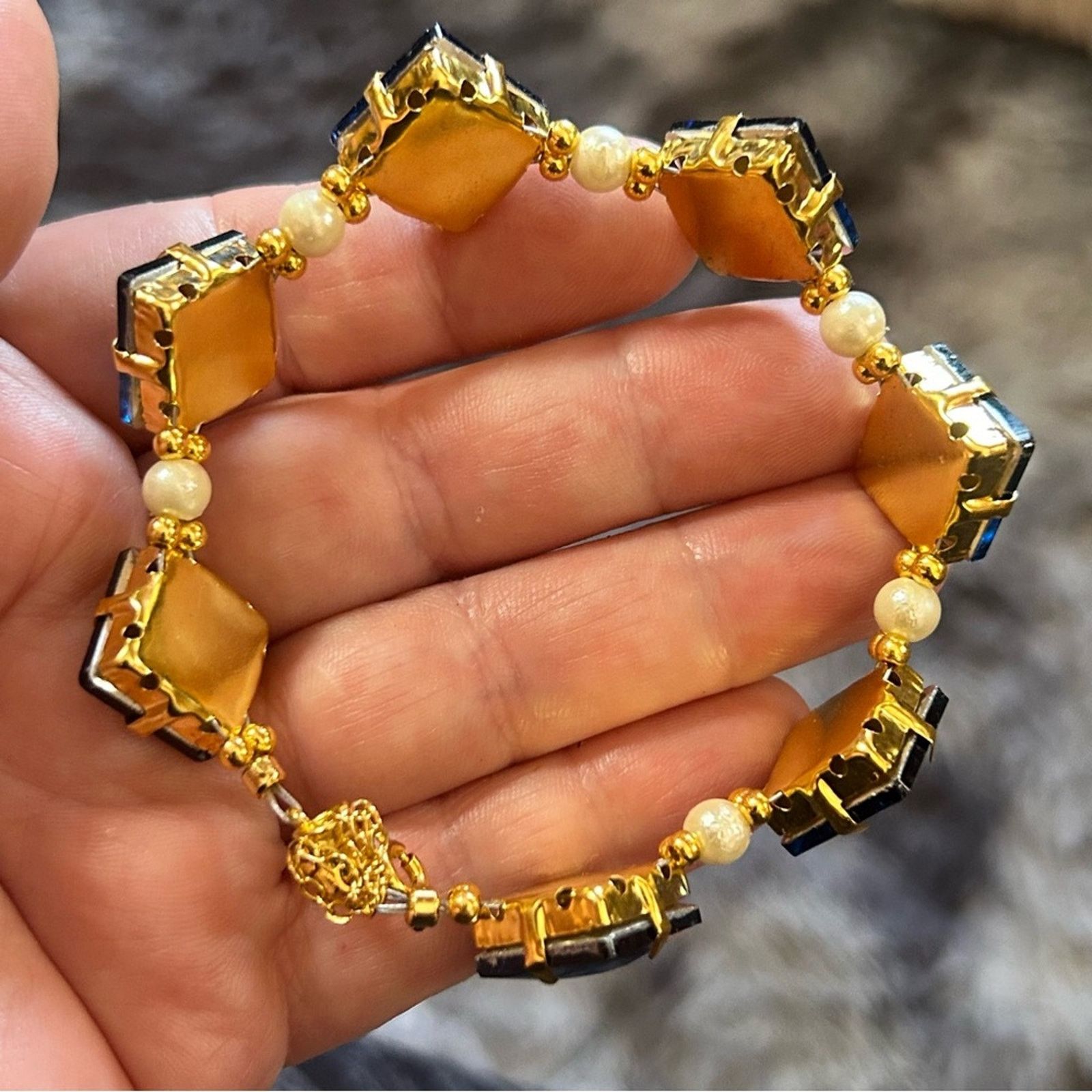 Handmade Handcrafted royal blue rhinestone faux pearl bracelet Size ONE SIZE - 9 Thumbnail