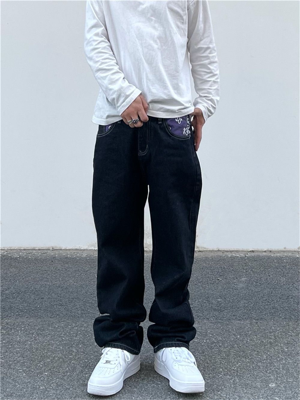 Designer × Japanese Brand × Jean Letter Print Color Block Hip Hop Loose Jeans Size US 36 / EU 52 - 7 Thumbnail