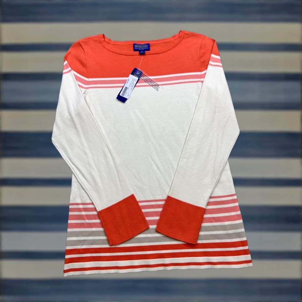 Pendleton Pendleton Sweater Women Petite Orange Ivory Sunset Striped Silk Pullover NWT Size S / US 4 / IT 40 - 1 Thumbnail
