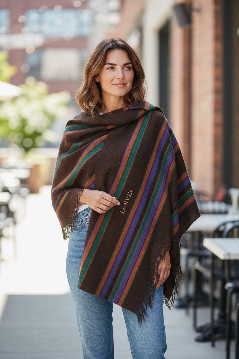 💥Vintage LANVIN Wool Native Striped Shawl Body Wrap
