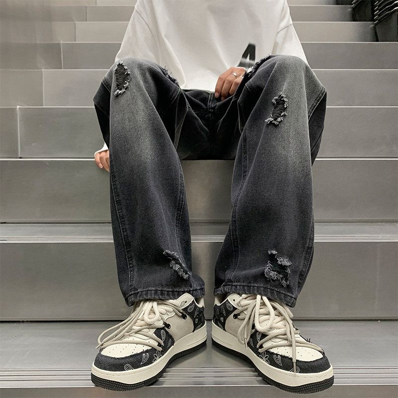 Japanese Brand Men's American retro straight wide-leg ripped jeans Size US 32 / EU 48 - 3 Thumbnail