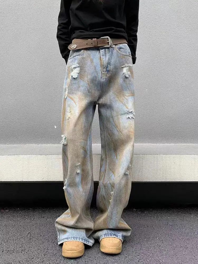 image of Retro Street Grunge Micro-Flared Jeans in Dirty Blue, Men's (Size 32)