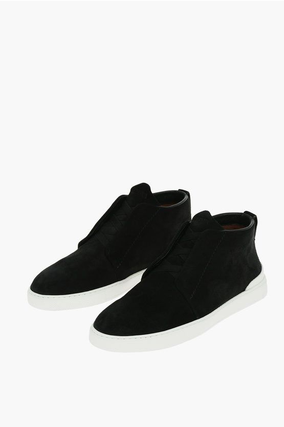 image of Ermenegildo Zegna Couture Suede Leather Triple Stitch Sneakers in Black, Men's (Size 11)