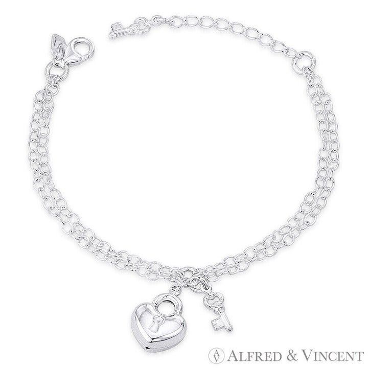 Other Heart Padlock, Key & Oval Cable Double Chain Charm Bracelet Size ONE SIZE - 1 Preview