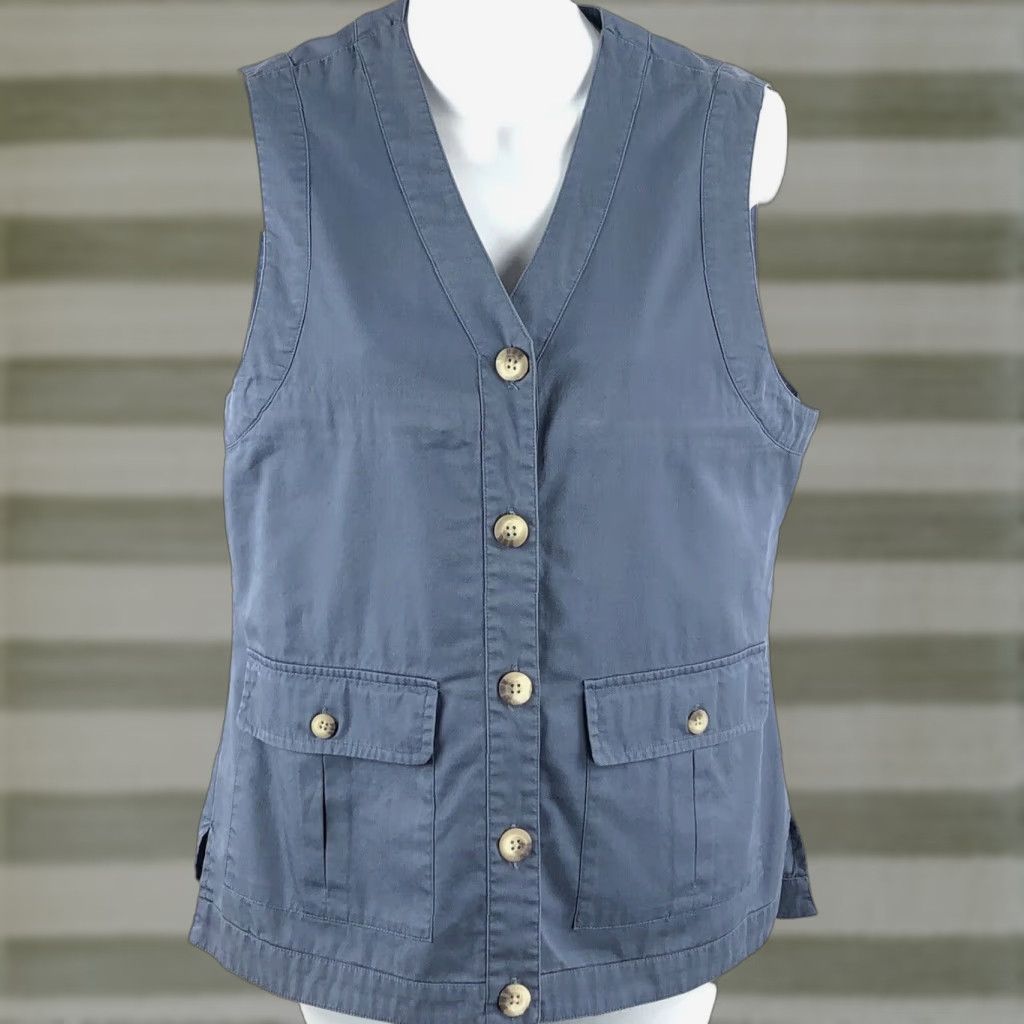 Jim Thompson VINTAGE Norm Thompson Vest Shirt Women XS Blue Sleeveless Button Front Pockets Twill Cargo Grunge Retro Work 90s Womens Size S / US 4 / IT 40 - 1 Thumbnail