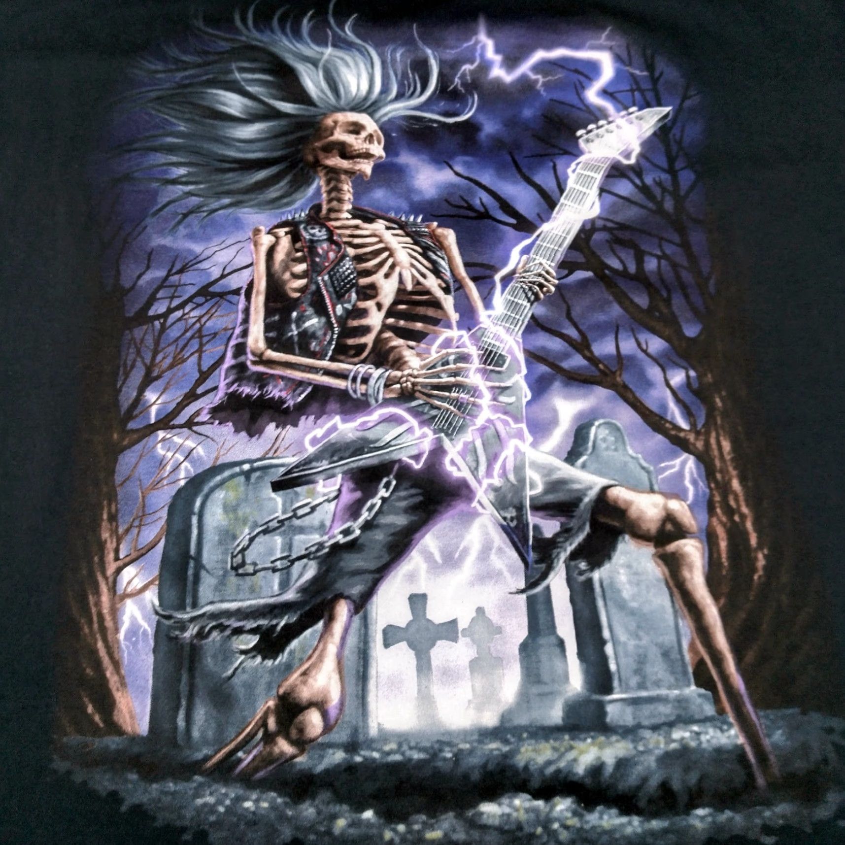 Fruit Of The Loom Skeleton Electric Guitar Shirt 3XL Men Graveyard Heavy Metal Halloween Lightning Size US XXL / EU 58 / 5 - 2 Thumbnail
